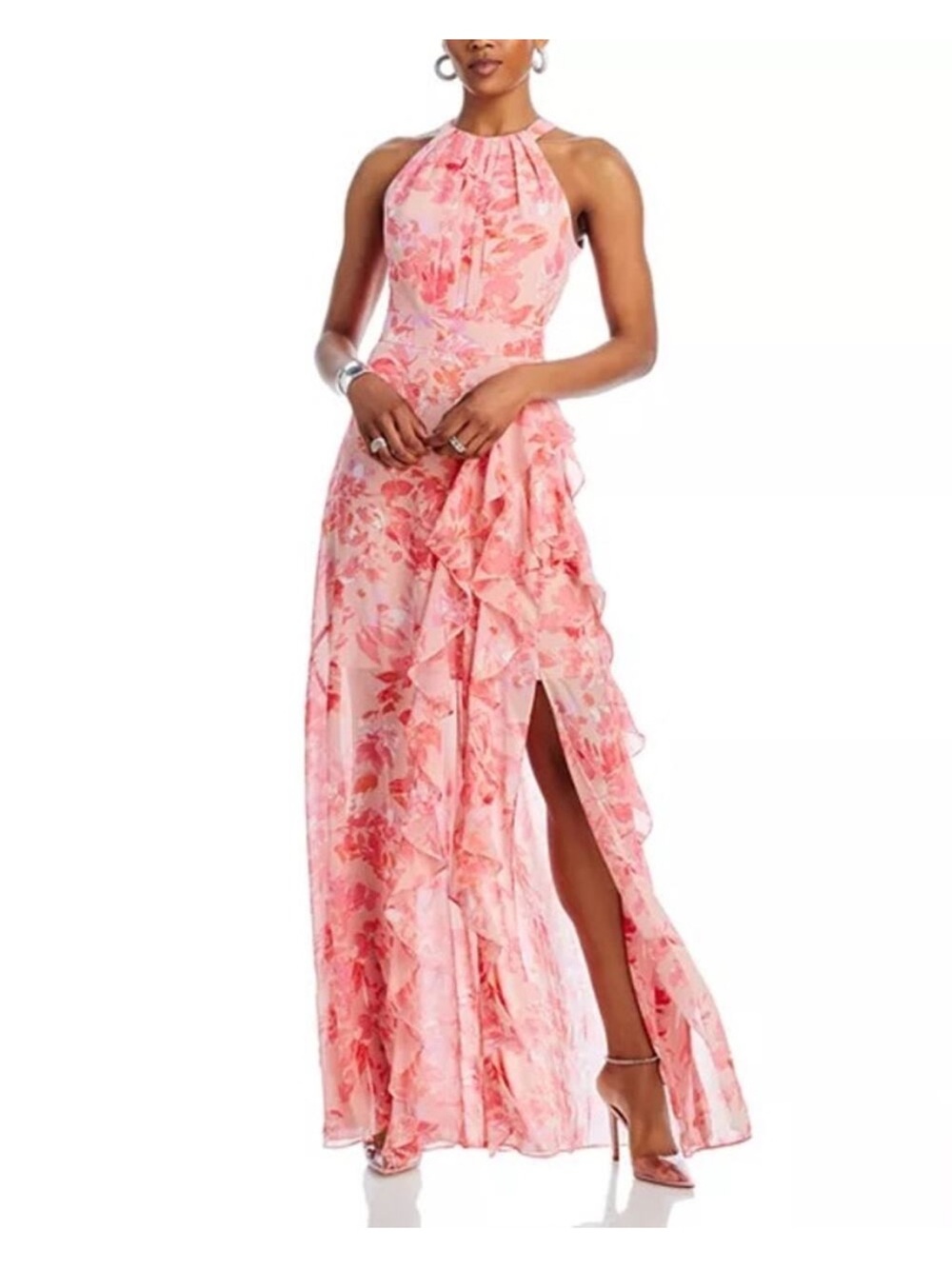 Eliza J Coral Pink Floral Halter Ruffle Maxi Dress